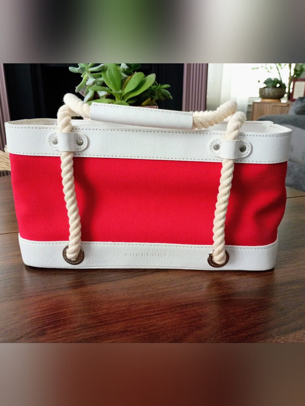 Burberry Marine Canvas & Leather Rope Handle Tote Bag Red White